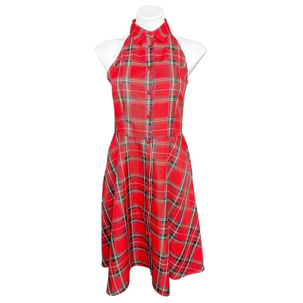Boston Proper Plaid Halter Shirt Dress Fit & Flare Red Academia Size 8